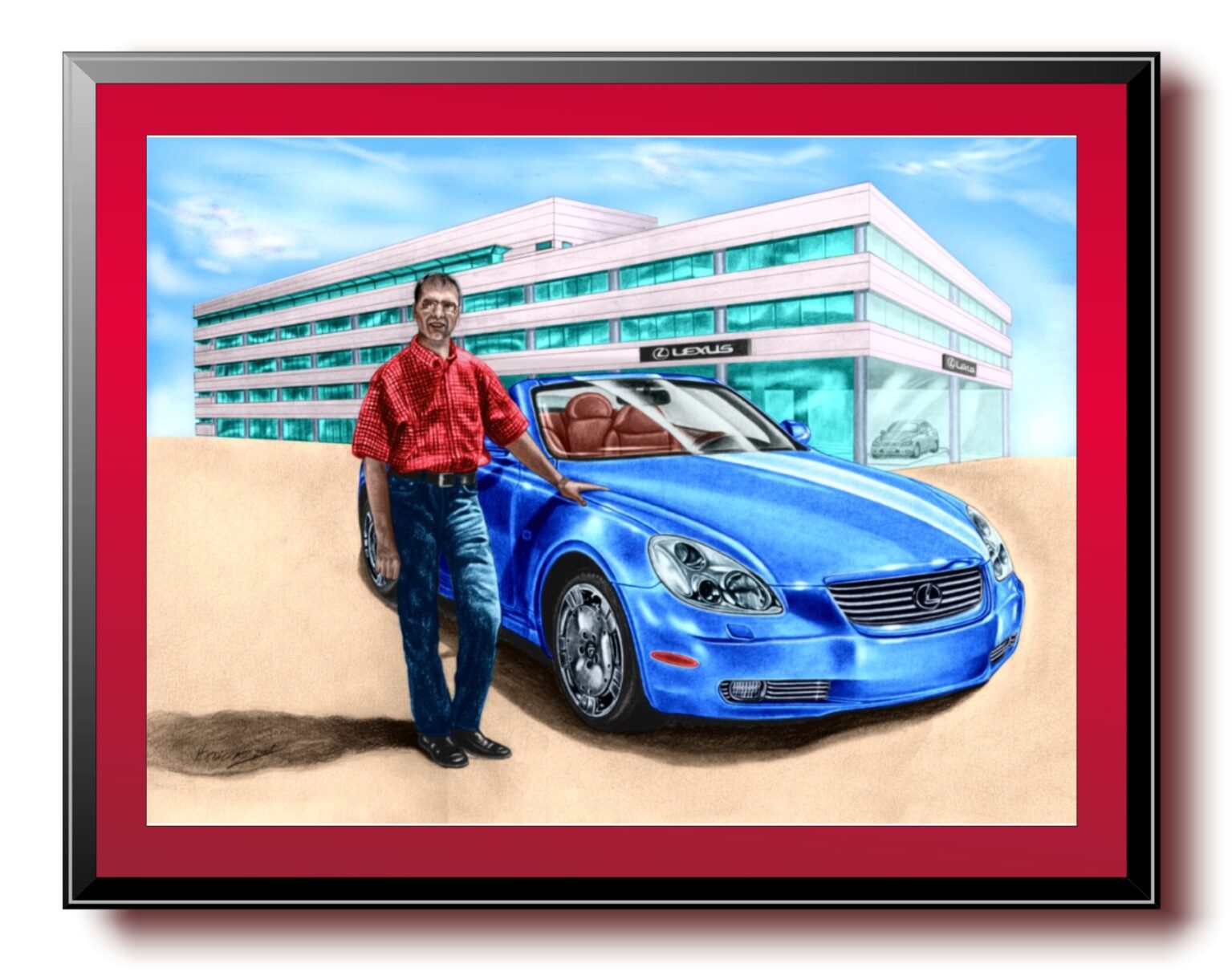 Pintura personalizada - A prenda | prendas | presente | presentes de aniversário original | originais personalizada | personalizadas | personalizado | personalizados | personalizada | personalizadas | personalizado | personalizados dos sonhos da maioria dos homens de 40 anos | 50 anos | 60 anos. Pintura | Desenho | Retrato | Retratos pastel de um homem ao lado de um carro azul